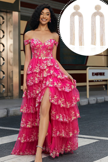 Trendy Una línea fuera del hombro Fucsia Corsé Delantero Vestido de Fiesta con Conjunto de Accesorios